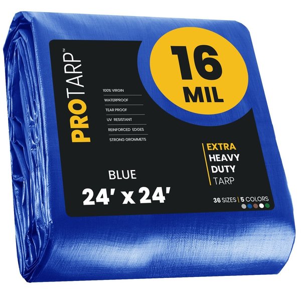 Protarp 24 ft x 24 ft Heavy Duty 16 Mil Tarp, Blue, Polyethylene, Waterproof, Rip and Tear Proof PT-105-24X24